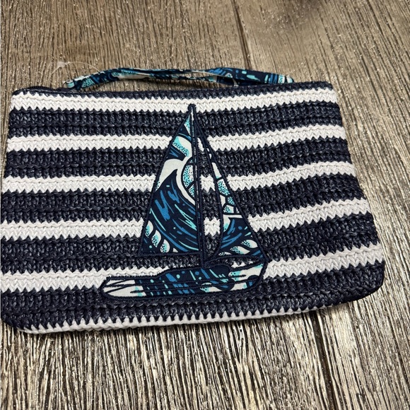 Vera Bradley Handbags - Vera Bradley Navy and White Striped Clutch with Sailboat